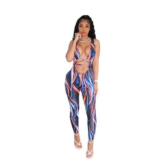 Jumpsuit Fresco de Seda Helada con Estampado y Bandas Refrescantes para Mujer - Image 3