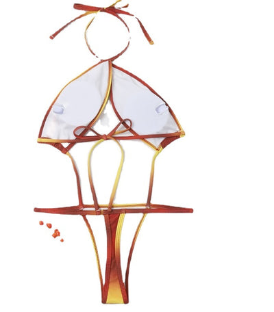 Brown and yellow ombre halter bikini with a split top and thong bottom, displayed on a white background. - Image 5