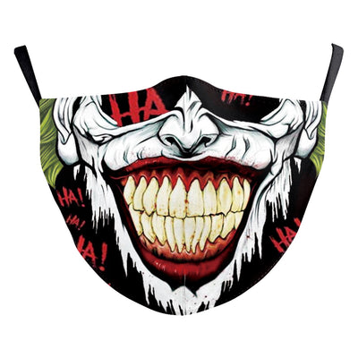 Green and yellow digital print Halloween dust mask with a grotesque, tree-like face design and black ear loops. - Image 16