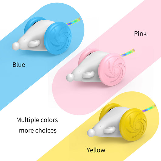 White and blue interactive cat toy shaped like a mouse with large wheels and a colorful, luminous tail. - Image 6