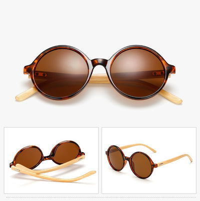 Round black frame sunglasses with gray lenses and light wood bamboo temples, shown from multiple angles. - Image 14