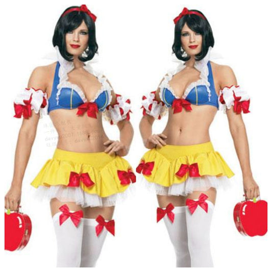 Adult Snow White-inspired costume with blue halter top, yellow ruffled mini skirt, white thigh-highs, and red bows.
