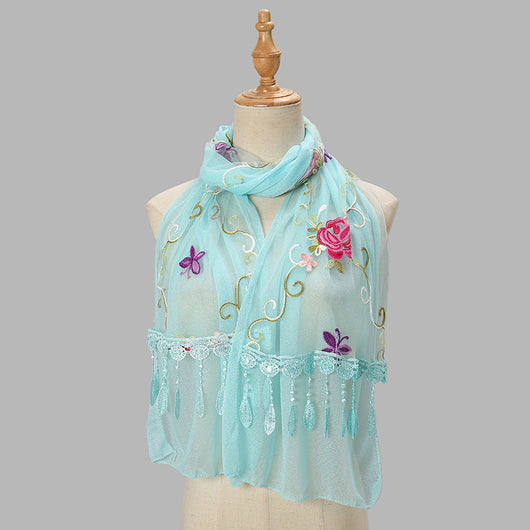 Pañuelo Floral Doble Capa con Bordado y Flecos para Mujer - Image 13