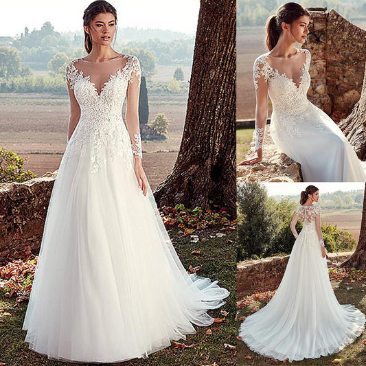 Vestido de Novia Elegante con Cuello Alto, Encaje y Cola Larga
