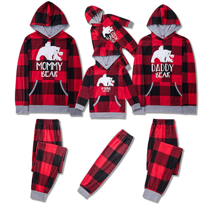 Baby wearing a red and black plaid hooded romper with a white polar bear "BABY BEAR" graphic. - Image 5