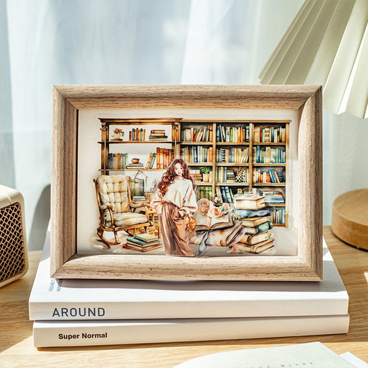 Set of 20 PET stickers featuring watercolor illustrations of cozy reading nooks, bookshelves, books, and related items. - Image 2