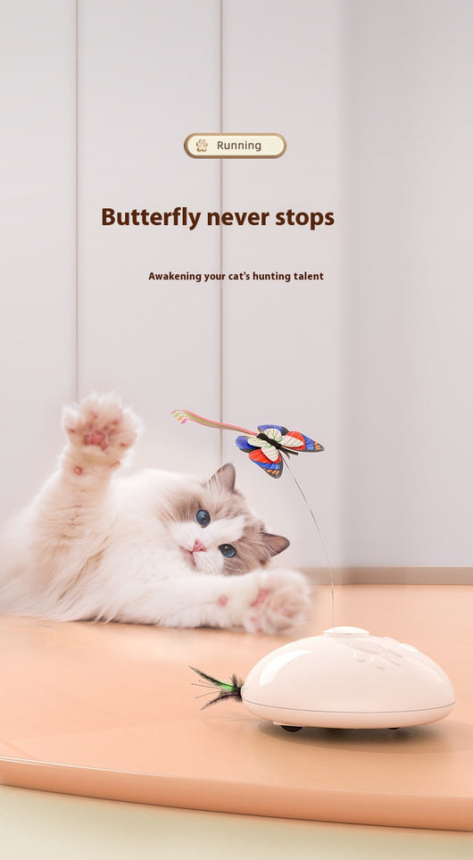 White electric cat toy with a colorful butterfly on a flexible wire and green feathers extending from the base. - Image 10