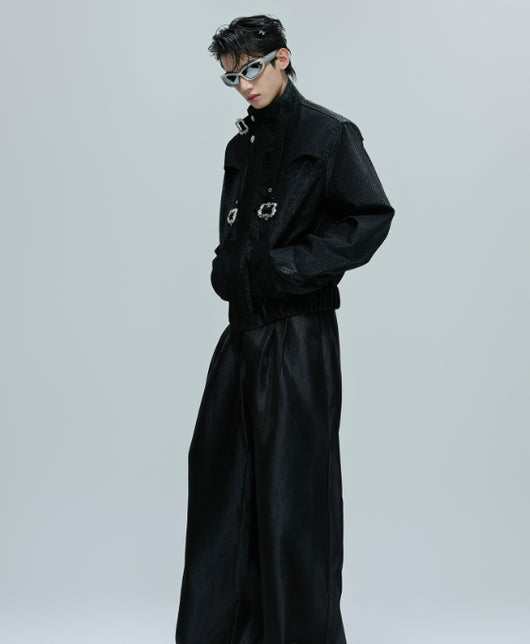Chaqueta de Cuero Pesada con Cuello de Pie y Costuras de Crin de Caballo - Image 3
