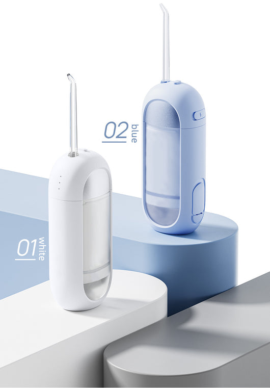 White portable electric dental water flosser with a clear nozzle and retractable water tank for oral hygiene. - Image 21