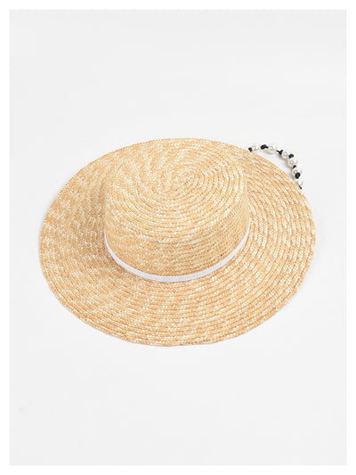 Sombrero de Paja Plano con Cadena de Perlas - Protección Solar Elegante - Image 4