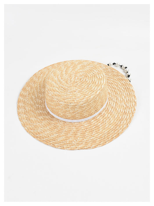 Sombrero de Paja Plano con Cadena de Perlas - Protección Solar Elegante - Image 4