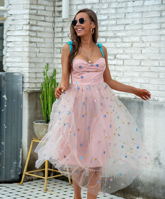 Vestido de Malla Blue Star con Bordado de Lentejuelas