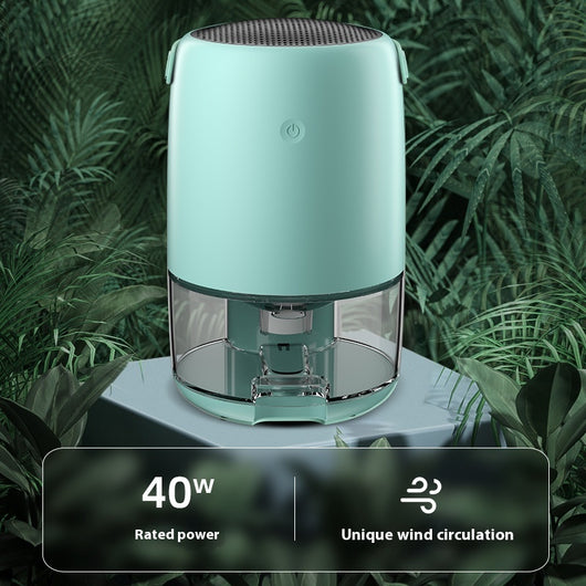 White compact dehumidifier with a transparent water tank, featuring a top grille and a power button. Highlights smart start, defrost, night mode, and quiet oper - Image 2