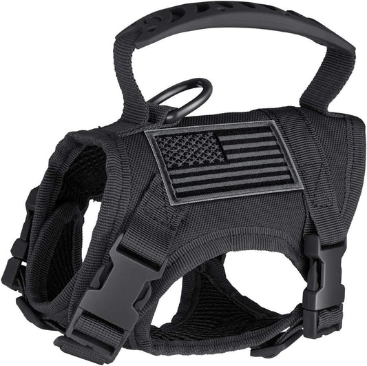 Black tactical pet harness made of Oxford cloth with an American flag patch, top handle, and quick-release buckles. - Image 2