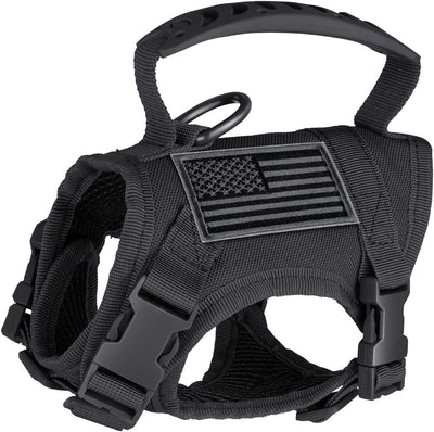 Black tactical pet harness made of Oxford cloth with an American flag patch, top handle, and quick-release buckles. - Image 2