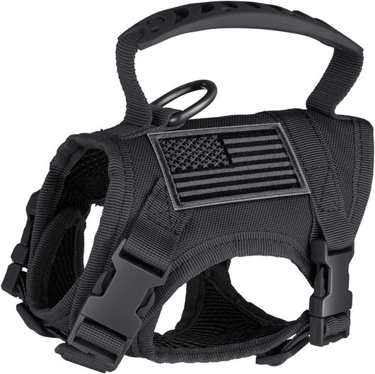 Black tactical pet harness made of Oxford cloth with an American flag patch, top handle, and quick-release buckles. - Image 2