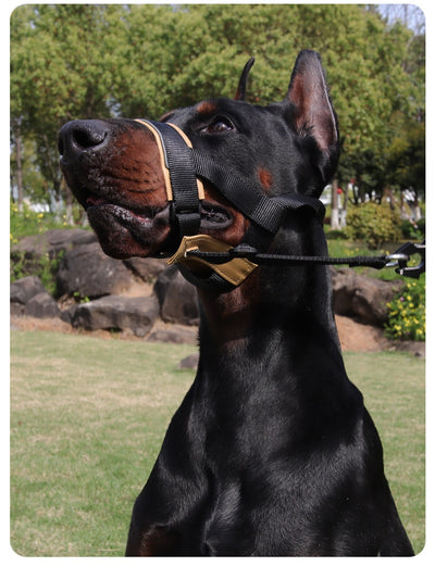 Black and brown leather and nylon dog muzzle with adjustable straps and a D-ring, shown with a size chart. - Image 9