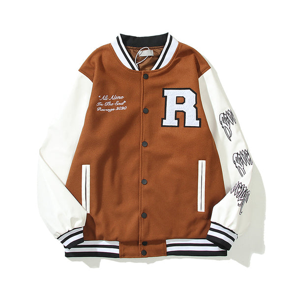 Chaqueta Universitaria de Cuero con Bordado de Calavera y Costuras en Mangas