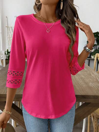 Blusa Casual para Mujer con Cuello Redondo, Encaje Patchwork y Mangas 3/4 - Image 6