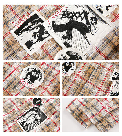 Camisa Cuadros Vintage Desgastada Suelta Estampada - Image 11