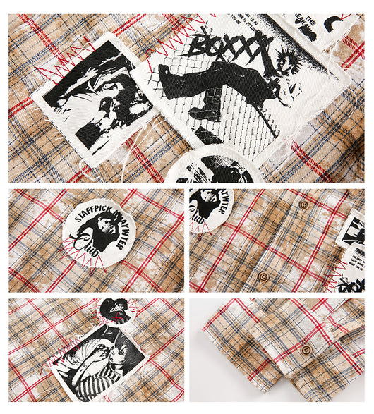Camisa Cuadros Vintage Desgastada Suelta Estampada - Image 11