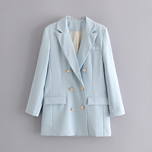 Traje Azul Metalizado de Doble Botonadura - Corte Midi Elegante