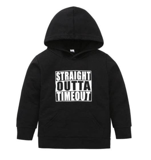 Black children's hooded pullover sweater with "STRAIGHT OUTTA TIMEOUT" in white text and a kangaroo pocket. - Image 7