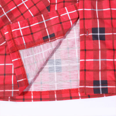 Red, black, and white plaid long-sleeve baby romper with a collar and snap closures, hanging on a hanger. - Image 19