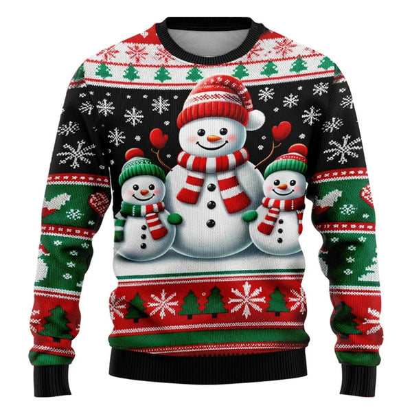 Suéter Navideño Muñeco de Nieve Estampado para Fiestas Cuello Redondo