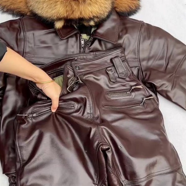 Pantalón de Cuero Gamuza Marrón Corte Holgado Efecto Estilizador