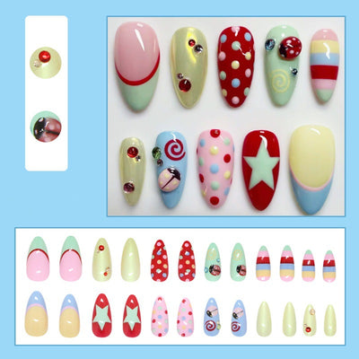 Uñas Postizas Mariquita Dopamina - 24 Piezas Almendradas con Lunares y Diamantes - Image 3