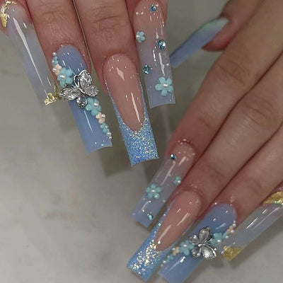 Uñas Postizas de Larga Duración Estilo Europeo y Americano en Azul - Image 5