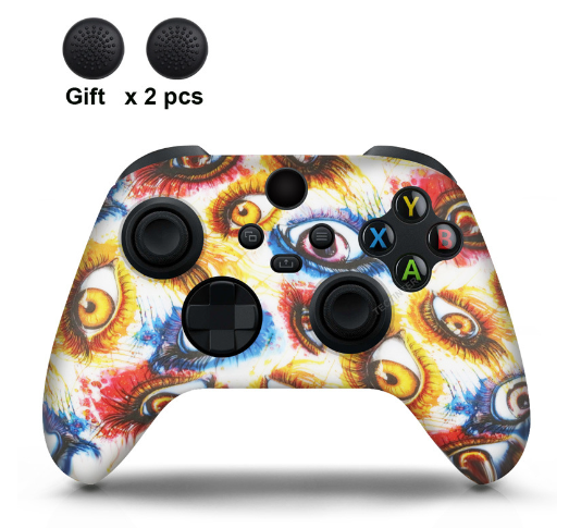 White silicone sleeve for game controller with colorful graffiti pattern, includes two rainbow thumbstick caps. - Image 28