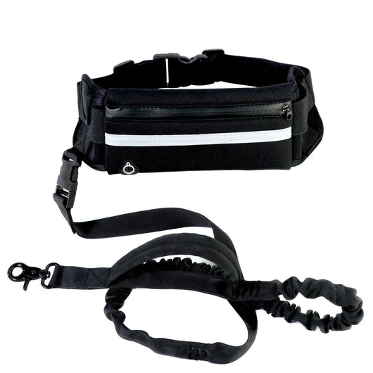 Red hands-free dog leash set with a waist belt, zippered phone pocket, and a black shock-absorbing bungee leash. - Image 16
