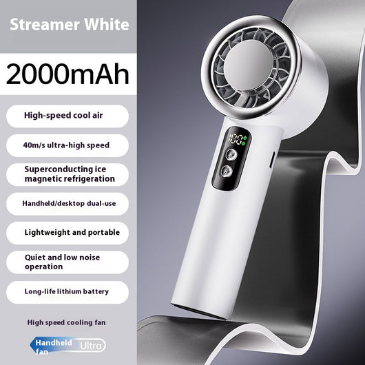 Obsidian black handheld fan with gold accents, digital display, and semiconductor ice cooling for high-speed cool air. - Image 6