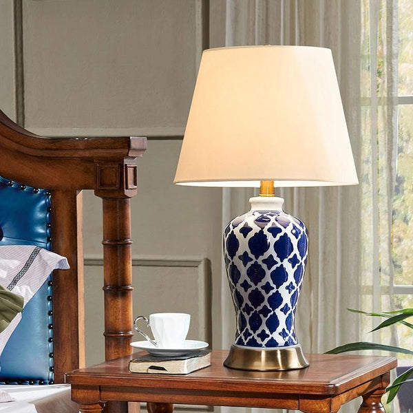 Lámpara de Mesa Porcelana Azul y Blanca Estilo Minimalista Moderno Lujo Americano