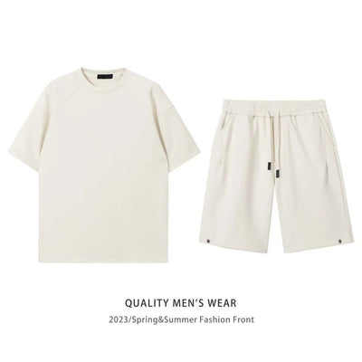 Khaki men's short-sleeved t-shirt and matching shorts set, featuring a loose fit and white drawstring. - Image 16