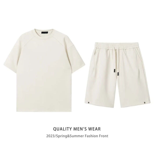Khaki men's short-sleeved t-shirt and matching shorts set, featuring a loose fit and white drawstring. - Image 16