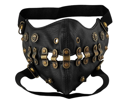 Black leather half-face mask with brass chains, spikes, and gear accents, featuring adjustable elastic straps. - Image 18