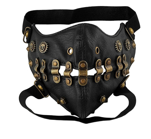Black leather half-face mask with brass chains, spikes, and gear accents, featuring adjustable elastic straps. - Image 18