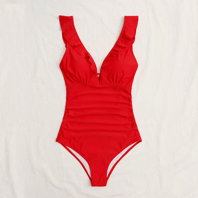 White one-piece swimsuit with a deep V-neck and ruffled shoulder straps, featuring a solid pure color design. - Image 5