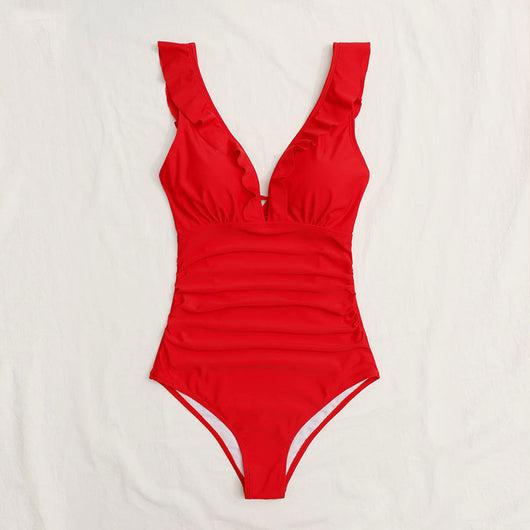 White one-piece swimsuit with a deep V-neck and ruffled shoulder straps, featuring a solid pure color design. - Image 5