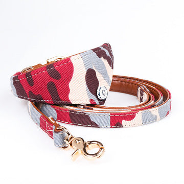 Two pet collars with blue, white, and tan camouflage bowknots and brown lining on a white background. - Image 9