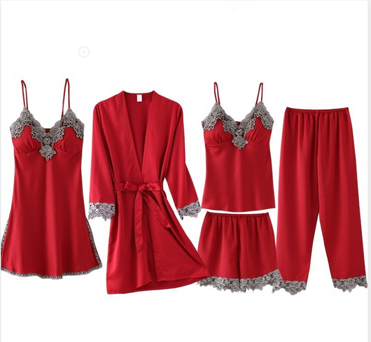 Pijama de Seda Helada Premium - Conjunto de 5 Piezas para Primavera y Verano - Image 9