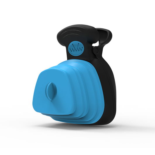 Blue and black foldable pet poop bag dispenser with an integrated scoop, ideal for travel and outdoor use. - Image 4