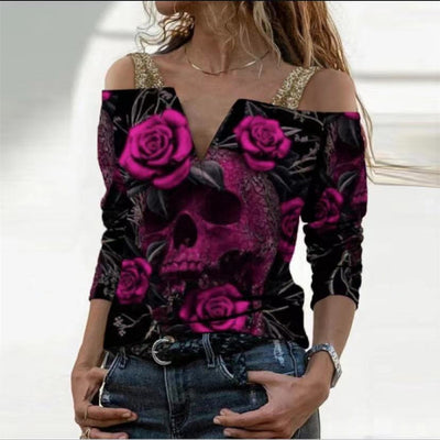 Blusa Suelta Estampada con Cuello V y Hombro Descubierto - Image 6