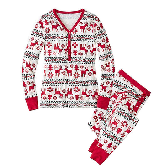White and red Christmas parent-child pajama set with reindeer, snowflake, and geometric patterns. - Image 9