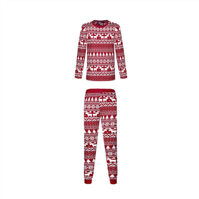 Red and white Christmas print one-piece pajama suit with moose, snowflake, and Christmas tree patterns. - Image 6