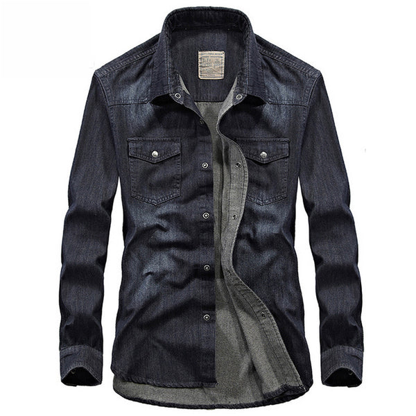 Camisa Denim Manga Larga para Hombre Talla Grande Cuello Solapa