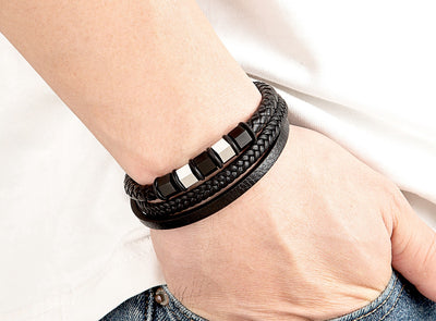 Pulsera de Cuero Trenzado Multicapa para Hombre con Acero Inoxidable - Image 12